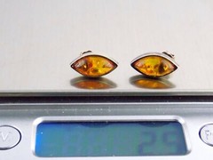 Sterling Silver Orange Amber Cabochon Stud Earrings .5 Inch Length 2.5g