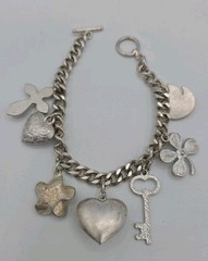 Vintage Silver Tone Chunky Charm Bracelet Heart Key Clover 8″ Cross Love Luck