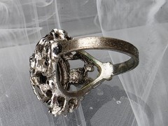Vintage Blue Opaline Color Shifting Glass Cab Ring Ornate Silver Tone Size 6.5