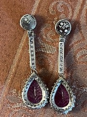 Large 14K Solid Gold Authentic Natural Ruby Diamond Leaf Earrings AGI Certified!