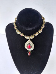 Vintage Necklace Indian Kundan Bridal Choker Adjustable Gold Tone Red Multicolor