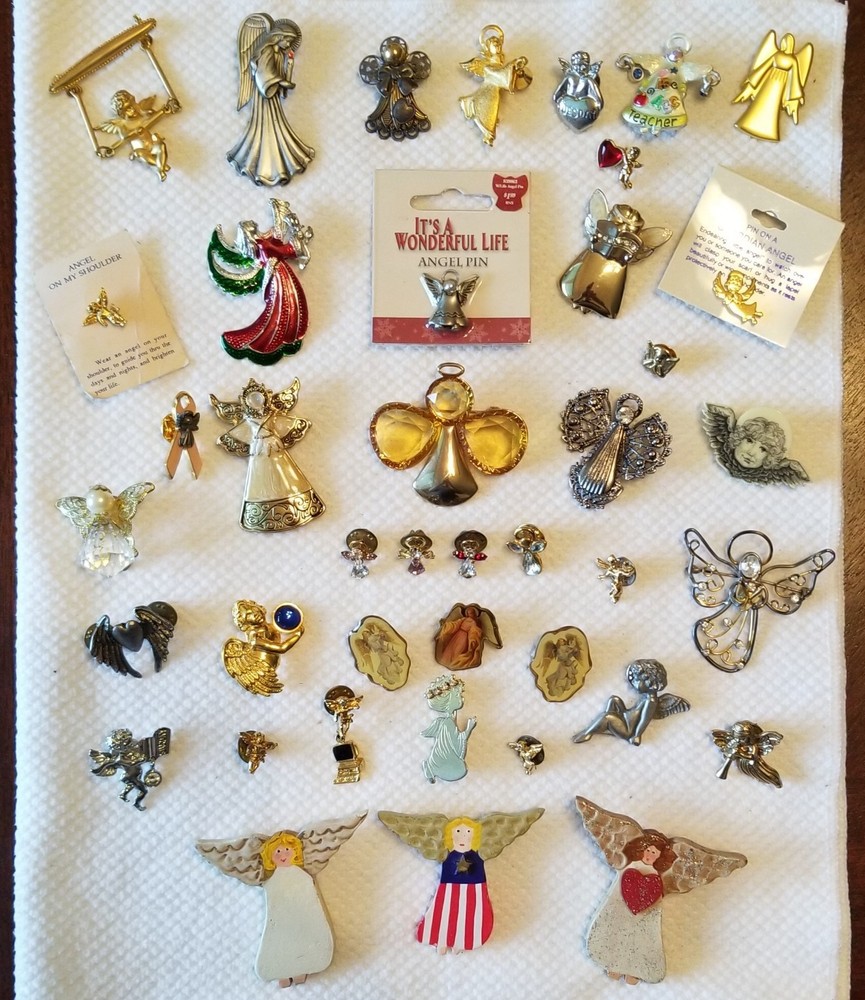 Lot of 40 ~ Vintage to Modern Angel Pins & Brooches ~ Marked & Unmarked