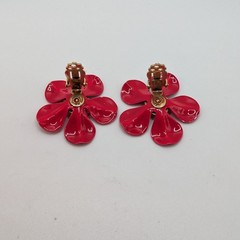 VTG Bright Red-Gold Metal Enamel Flower Power Brooch & Clip On Earring Set