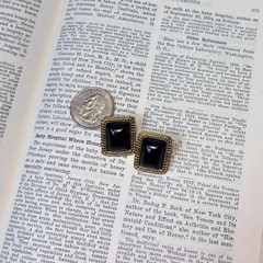 Vintage signed Trifari Black and Gold Earrings, Art Deco Style Geometric Rectang