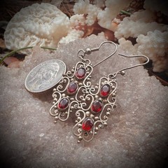 Vintage Sterling Silver 925 Dangle & Filagree Earrings With Red Colored Stone