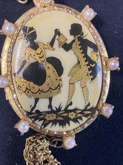 Vintage 50s Goldtone Locket Painted Courting Couple Silhouette Victorian Revival