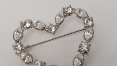 Navette & Round Rhinestones Heart Shaped Brooch Pin Silver Tone