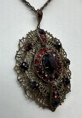 Vintage Antique Bohemian Czech Glass Or Garnet Pendant Necklace 17” Lovely!
