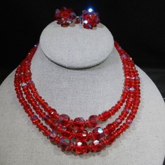 Vintage Czech Red Glass AB 3 Strand Necklace Earrings Set 1950s