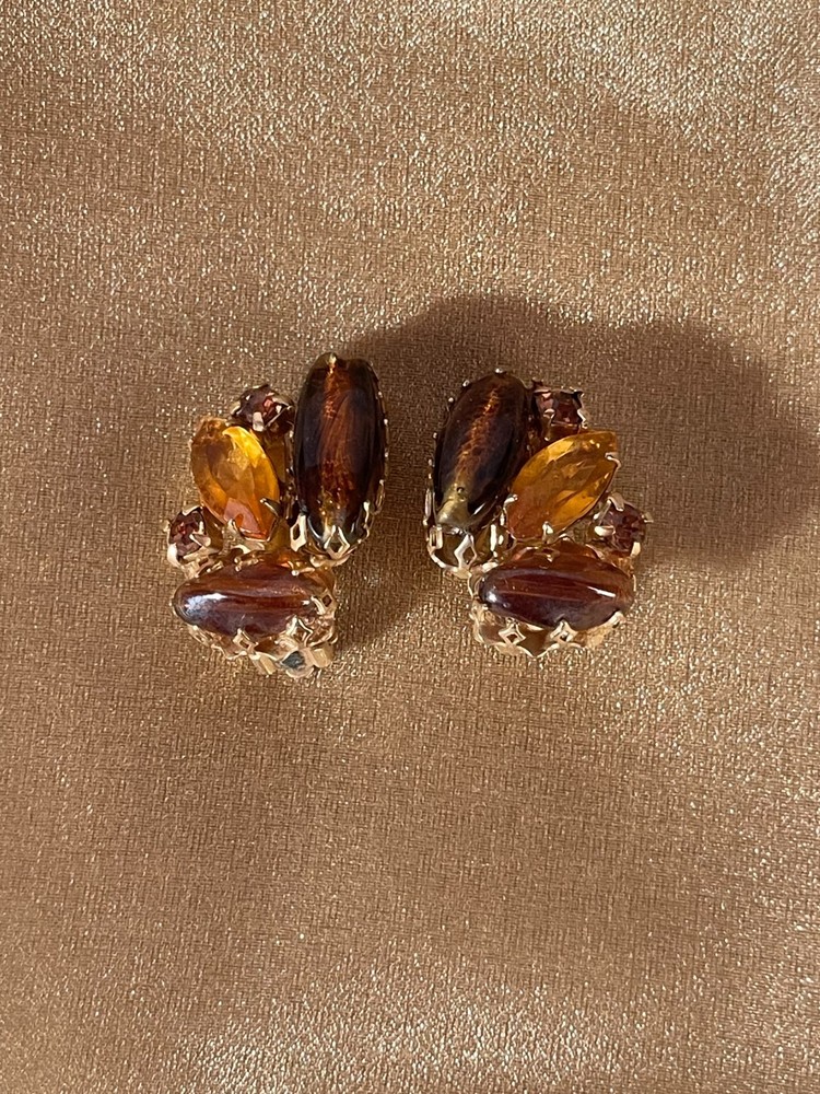 Vintage 50s Amber Rhinestone Earrings 1950s Retro Glam Golden Brown Clip Ons