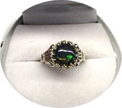 Gorgeous BLACK OPAL – Natural Multi Color – 14k c1940s Vintage Yellow Gold Mtg