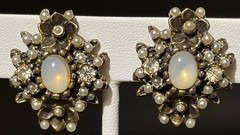 Vintage Opaline Glass Pearl Rhinestone Floral Clip Earrings Gold Tone