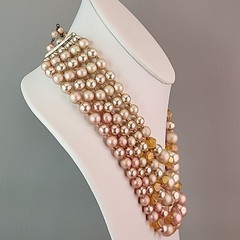 Vintage Faux Pearl Beaded Necklace Cream Pink Acrylic AB Yellow Glass Japan 16″