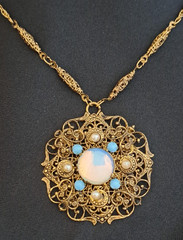 Vintage W. Germany? Gold Filigree Opaline Cabochon & Accented Pendant Necklace