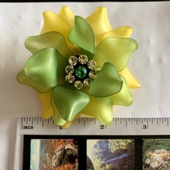 Vintage 70s Floral Brooch | Satin Acrylic Green Yellow Rhinestone