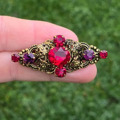 Antique Brooch Czech Glass Brass Filigree Pin Ruby Red Purple Czechoslovakia
