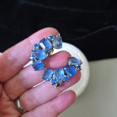 Vintage Silver Tone Blue Glass Rhinestones Open Back Earrings Clip on