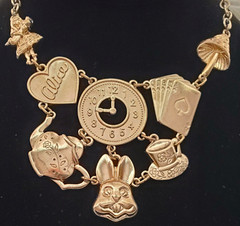 Vintage Alice In Wonderland Gold Tone Bib Necklace T Cup T Pot Rabbit Mushroom