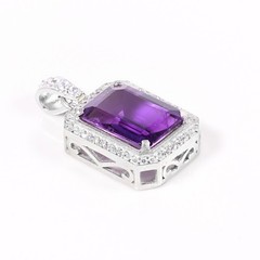 Natural Amethyst 925 Sterling Silver Pendant Emerald Cut Halo Purple Jewelry