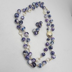 Vintage Hong Kong Necklace Earrings Set Beaded Blue Purple Clip Ons 23 Inch