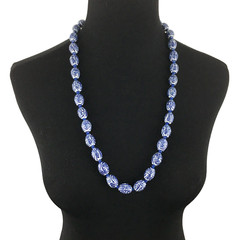CHINESE porcelain necklace – blue & white barrel beads shou symbol 29″ knotted