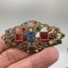 Vintage Edwardian Revival Art Deco Style Brooch Multicolor Rhinestones 2.5″