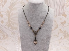 Art Nouveau Necklace Champagne Gold Crystal Pearl Black Bead Victorian Jewelry