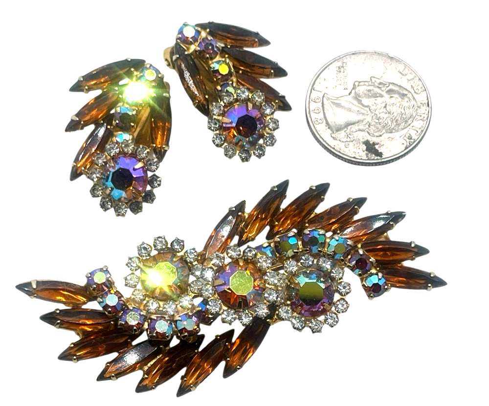 Juliana D&E Book Piece Brooch & Earring Set AB & Root Beer Rhinestones