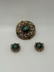 W. Germany Gold/Green Vintage 1950s Layered Filigree Brooch & Earrings Parure Se