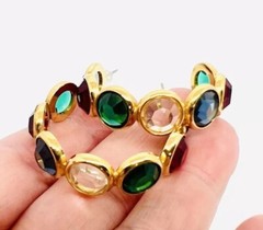 Large Multicolored Bezel Set Crystal Hoop Earrings Posts Vintage Jewelry