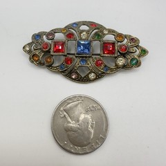 Vintage Edwardian Revival Art Deco Style Brooch Multicolor Rhinestones 2.5″