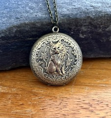 X-Lrg Cat Locket Necklace, Antiqued Brass, Art Nouveau Photos Memorial Pendant
