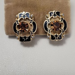 Vintage Unsigned Black Enamel Gold Tone Victorian Reproduction On Earrings AS IS