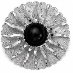 Vintage Sarah Coventry Black Cabochon Silver Tone Sunburst Brooch Pin Signed