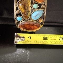 Vintage Amber Lucite Cabochon Cuff Bracelet Turquoise Glass Boho Statement 8in