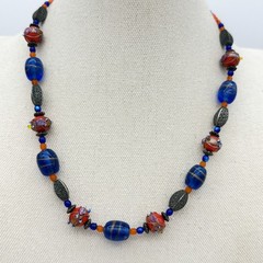 Vintage Wedding Cake Bead Necklace Lamp work Red Orange Cobalt Blue Glass