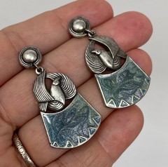 Vintage Edgar Berebi Blue Enamel Bird Dove Silver Tone Dangle Pierced Earrings