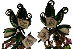 4″ Vtg 1980s Lunch at Ritz Enamel Rose Flower Rhinestone Clip On Dangle Earrings