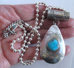 NAVAJO? STERLING PENDANT NECKLACE by AT, 2 1/2 INCHES PENDANT, 19 INCHES CHAIN