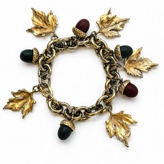 DKNY Vintage Leaf Charm Bracelet Acorn Brushed Gold Antiqued Heavy Signed