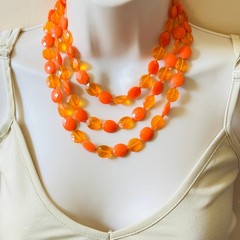 VTG Orange Lucite Beads Multi BIb Necklace Hong Kong Triple Strand Statement 50s