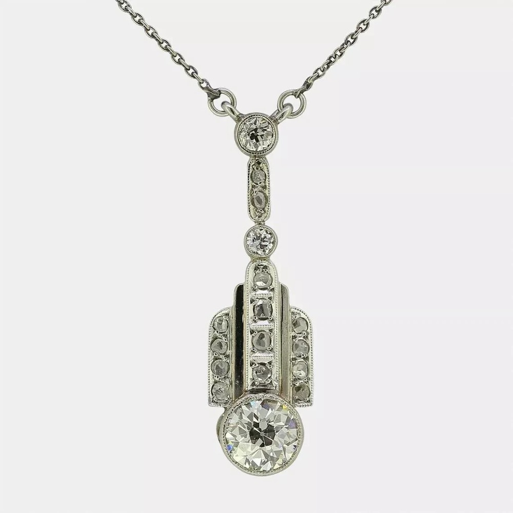 Art Deco Style Round Lab Created Diamond Engagement 14K White Gold FN Pendant
