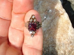 old antique 14K Rose Gold Victorian RING purple red gem Diamond Triads 3.75 2.6g