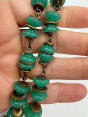 Vintage Necklace Art Deco Green Art Glass Pressed Asian Pendant PJ