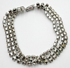 VTG TRIPLE BAR LINK 6.75″ clear RHINESTONE WRAP bracelet Silver tone mtl jewelry