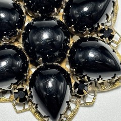 Vintage Brooch Pendant Teardrop Black Glass Cabochons Double Layered 2-1/8″ Long