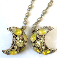 Vintage Sweater Guard Clip Crescent Moon Yellow Glass Teardrop Cabochons
