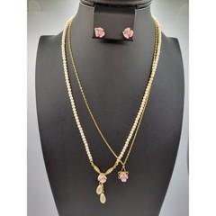 1928 Brand Pink Rose Pendant Necklace Faux Pearls Vintage Set Pierced Earrings