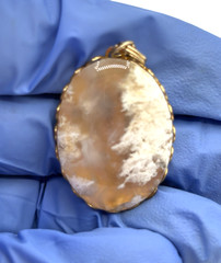 Vintage Natural Moss Agate Oval Pendant, Gold Plated, Scalloped Edge
