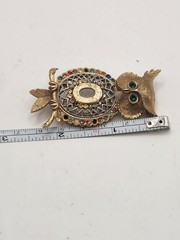 Vintage Owl Brooch Gold Tone Multi Color Rhinestone Figural Bird Pin Green Eyes